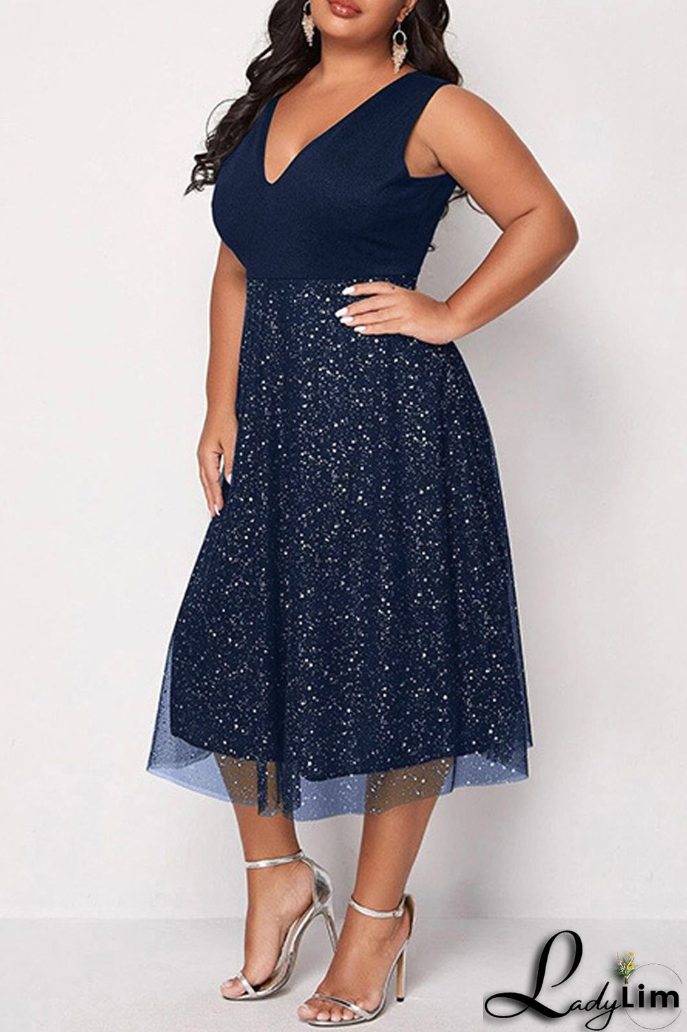 Tibetan Blue Sexy Casual Plus Size Patchwork Bright Silk V Neck Vest Dress