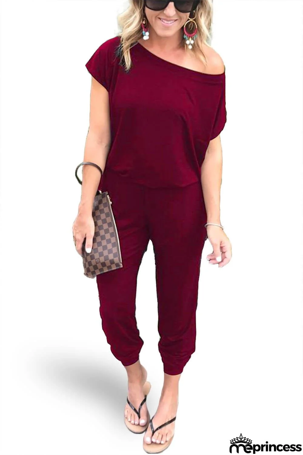 Women's Loose Fit Off Shoulder Jumpsuit Rompers with Pockets