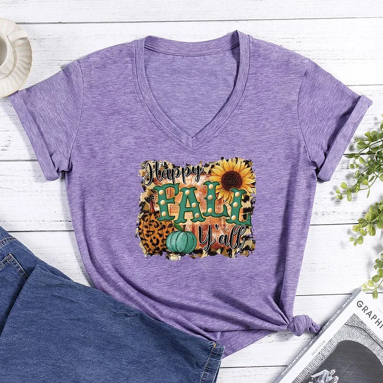 Happy Fall Y'all  Happy Thanksgiving V-neck T Shirt-Annaletters