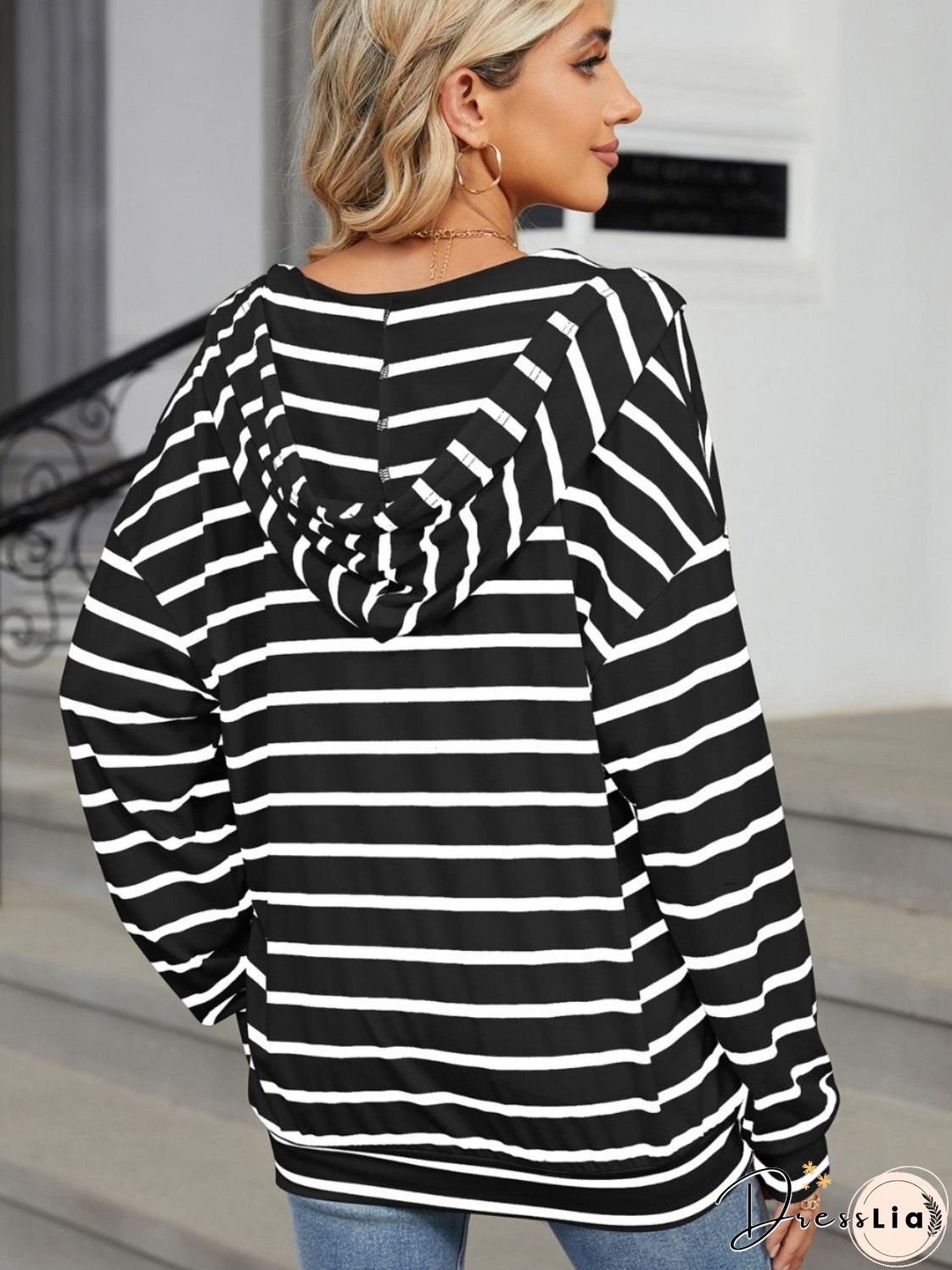 Drawstring Striped Long Sleeve Hoodie
