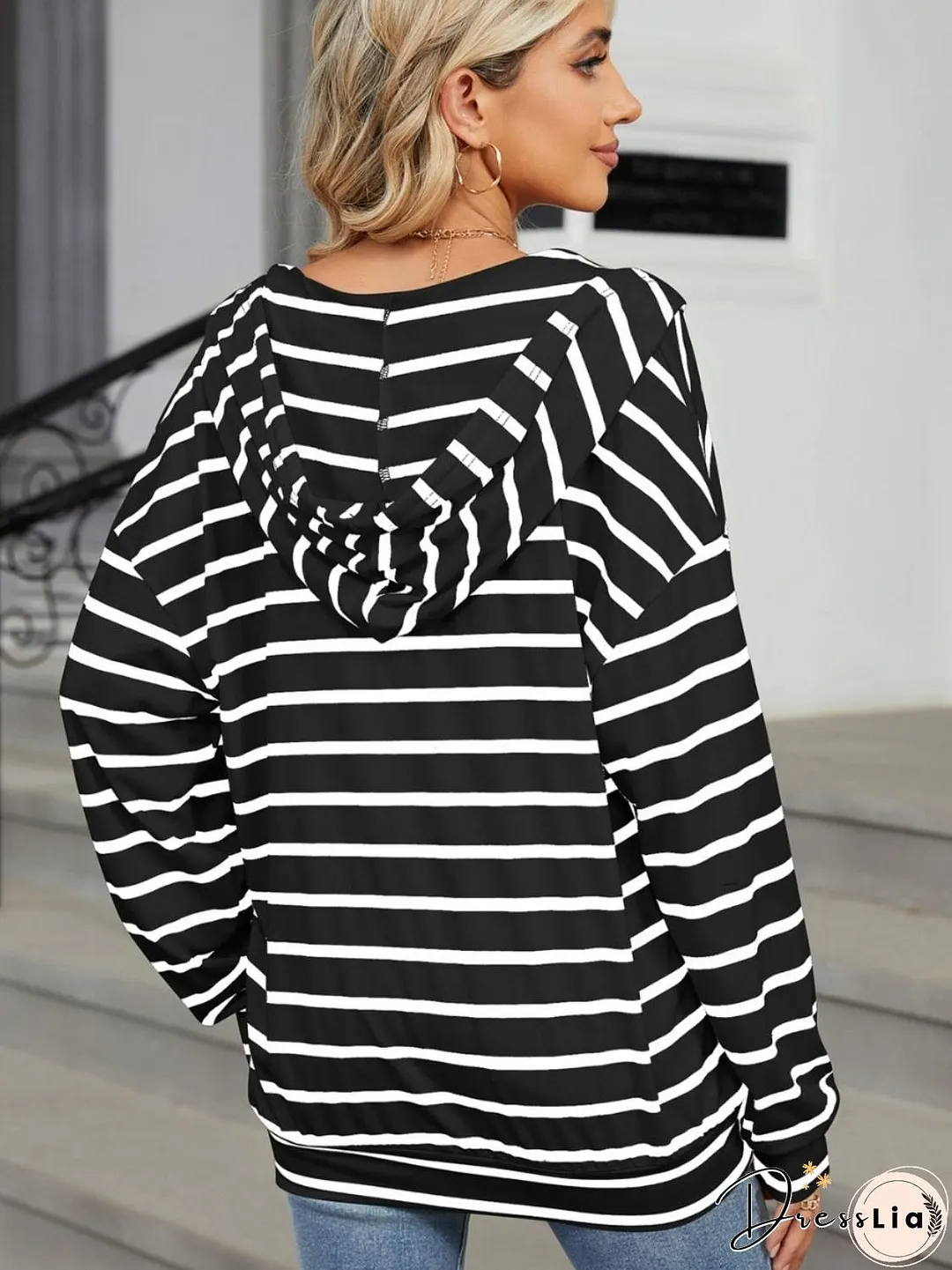 Drawstring Striped Long Sleeve Hoodie