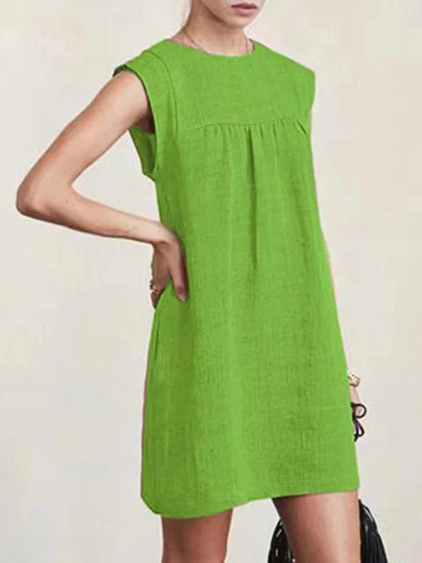 Casual Cap Sleeve Loose Solid Color Round-Neck Mini Dresses