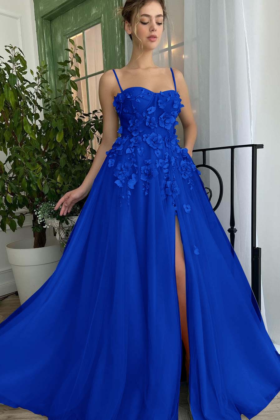 Daisda Baby Blue Sweetheart Flowers Appliques Spaghetti Strap Prom Dress Side Split