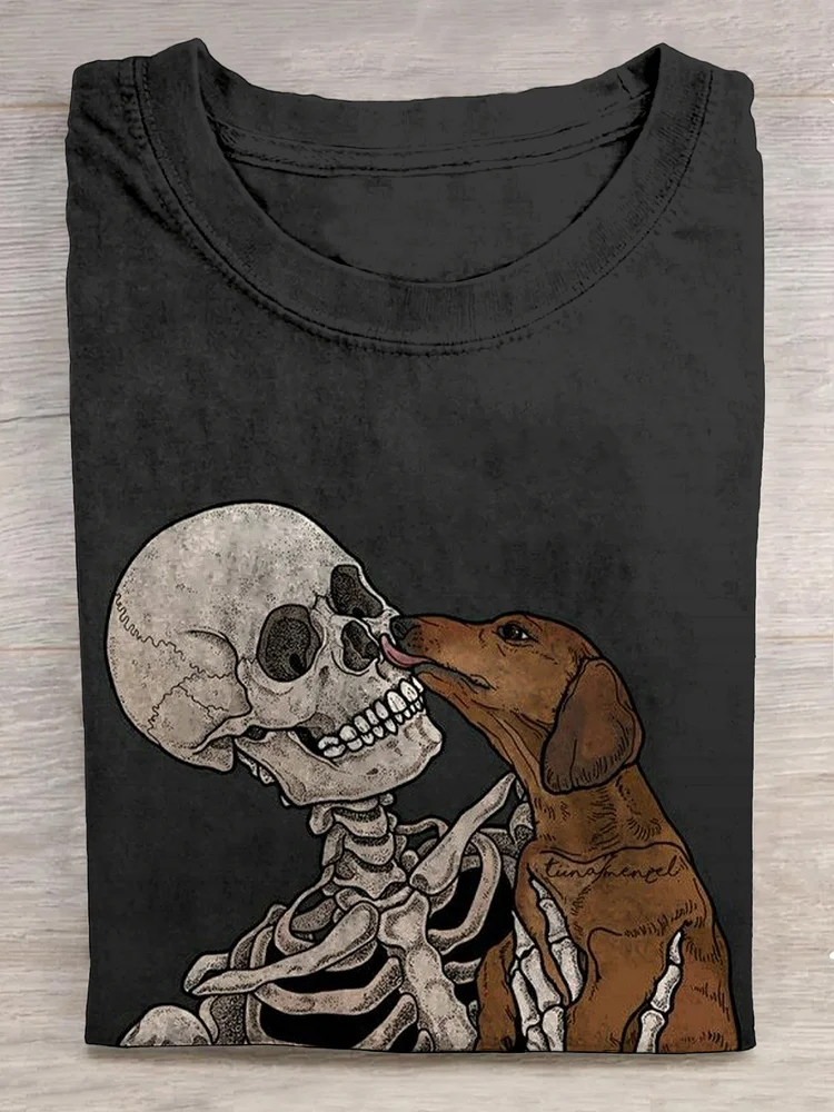 Women's Skeleton And Dachshund Art Print Casual T-Shirt