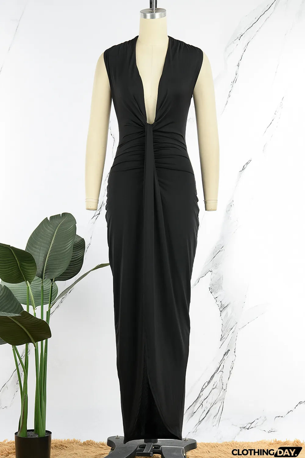 Black Sexy Solid Patchwork Asymmetrical V Neck Irregular Dress Dresses