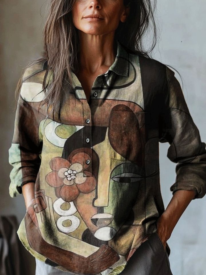 Women's Vintage Abstract Face Art Print Casual Cotton And Linen Shirt