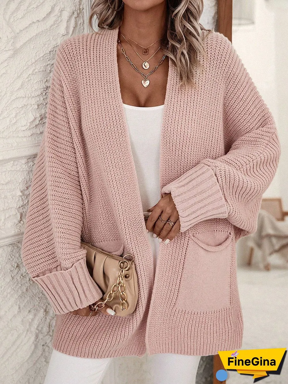 Pink Plain Side Pocket Cardigan