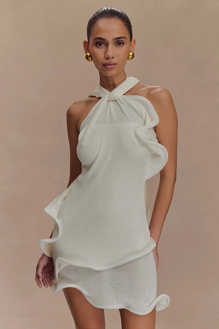 Twisted Halter Knit Slim Fit Wavy Trim Mini Dresses-White [Pre Order]