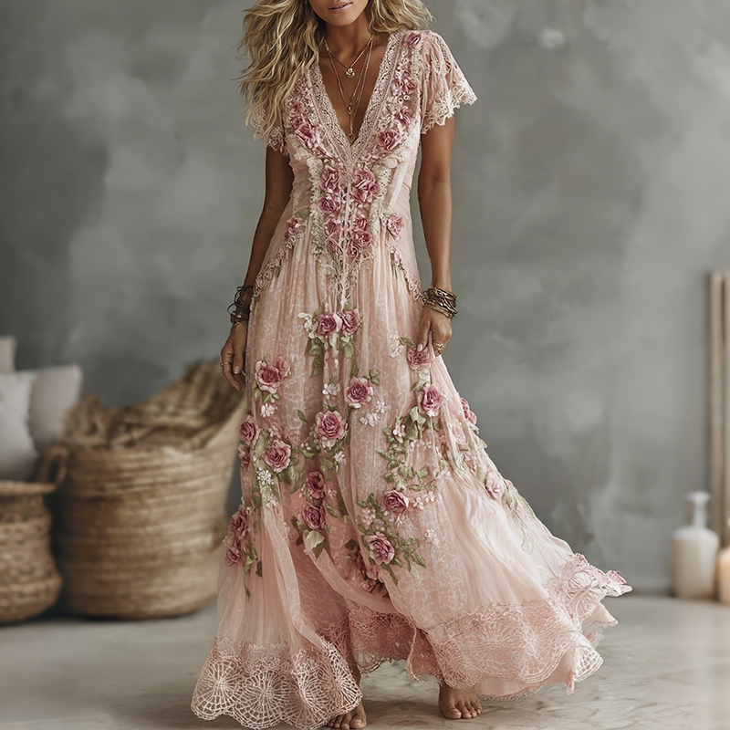Women's Vintage Pink Floral Art Embroidered Flowy Maxi Dress wearshes