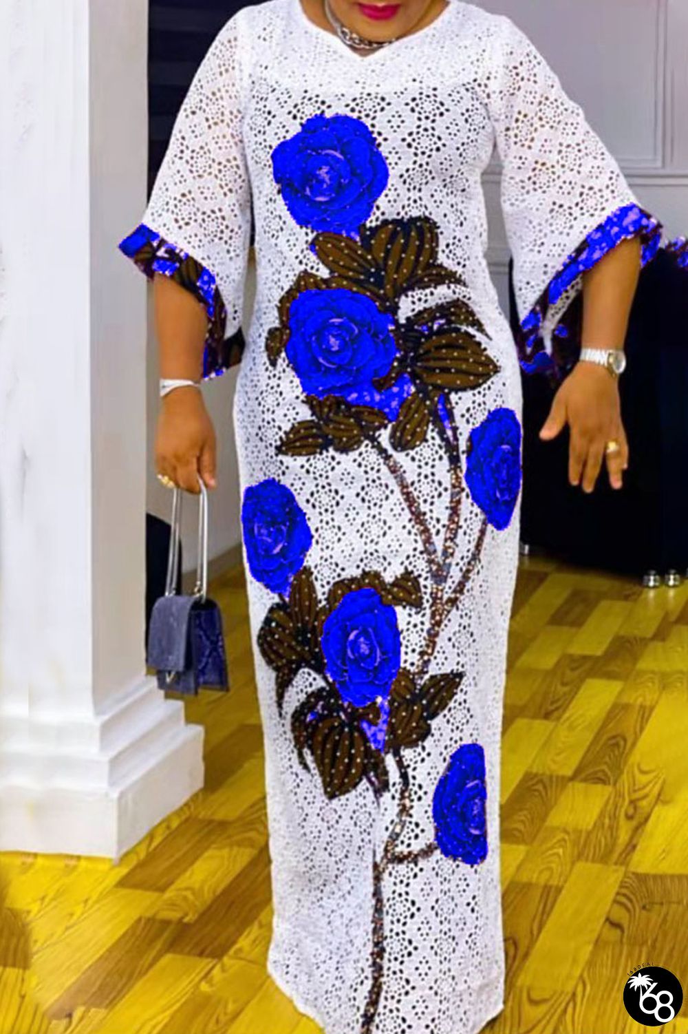 Blue Casual Print Hollowed Out Patchwork V Neck Straight Plus Size Dresses | 168DEAL