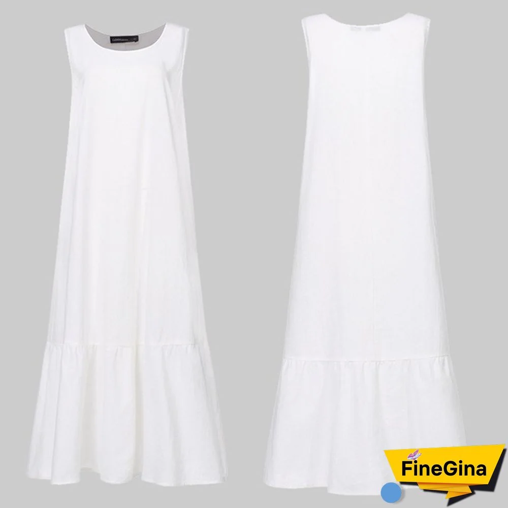 Womens Sleeveless Vest Long Dress O Neck Solid Color Party Casual Loose Summer Maxi Dresses Plus Size