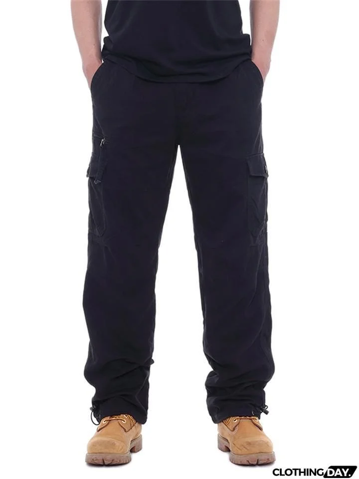 Men's Casual Elastic Waist Multi-Pocket Loose Cotton Cargo Pants