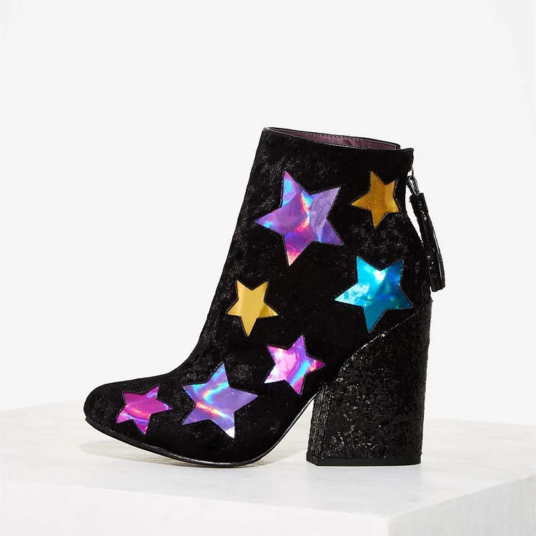 Black Hologram Stars Block Heel Ankle Boots |FSJ Shoes
