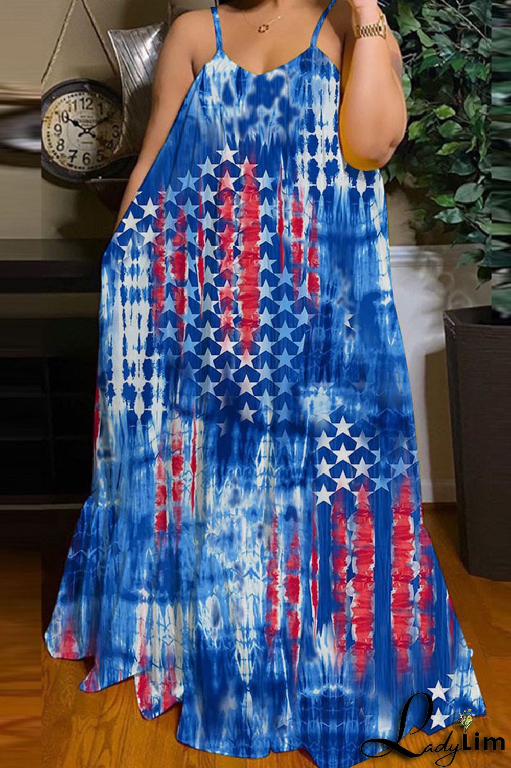 Gray Blue Casual Print Patchwork Spaghetti Strap Straight Dresses