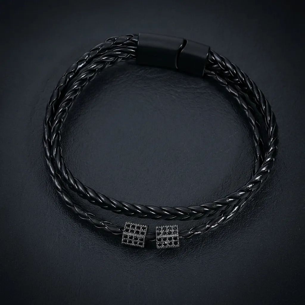 JiStones Urban Nomad Braided Leather Bracelet with Pave Zircon Accents Geometric Pave Charm - 17CM