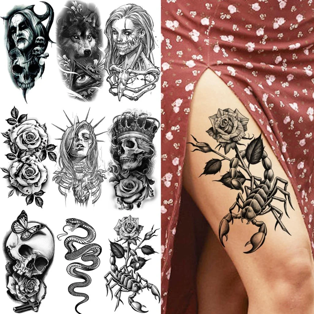 Sdrawing Rose Flower Temporary Tattoos For Women Adults Realistic Vampire Wolf Scary Snake Crown Fake Tattoo Sticker Arm Tatoos