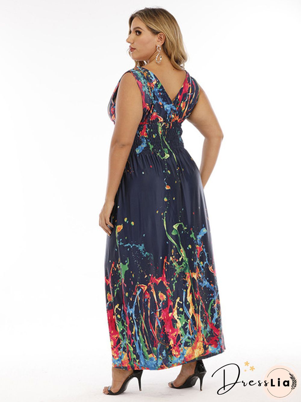 Plus Size Double V-Neck Print Smocked Waist Maxi Dress