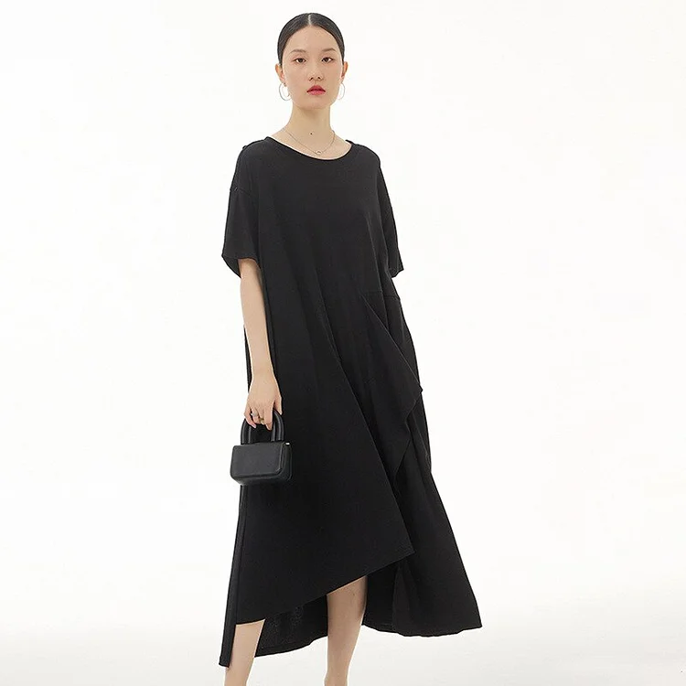 Casual Loose Solid Color O-neck Irregular Patchwork Asymmetrical Hem Short Sleeve Dress