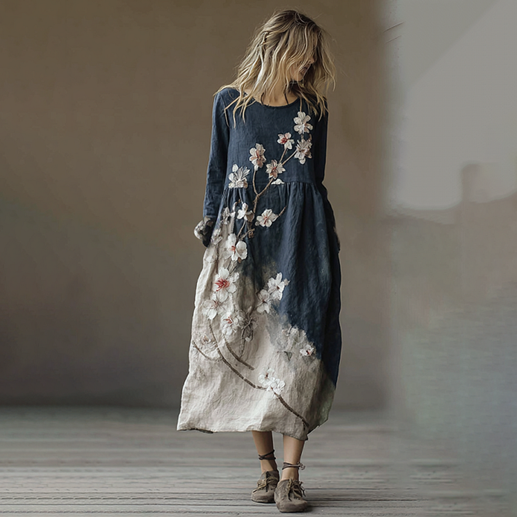 Classy Gradient Japanese Sakura Cherry Blossoms Embroidered Pattern Linen Round Neck Long Dress