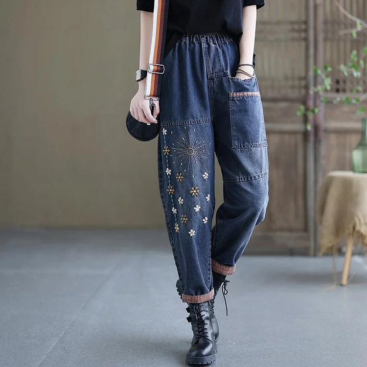 Floral Embroidery Loose Retro Casual Cotton Denim Pants