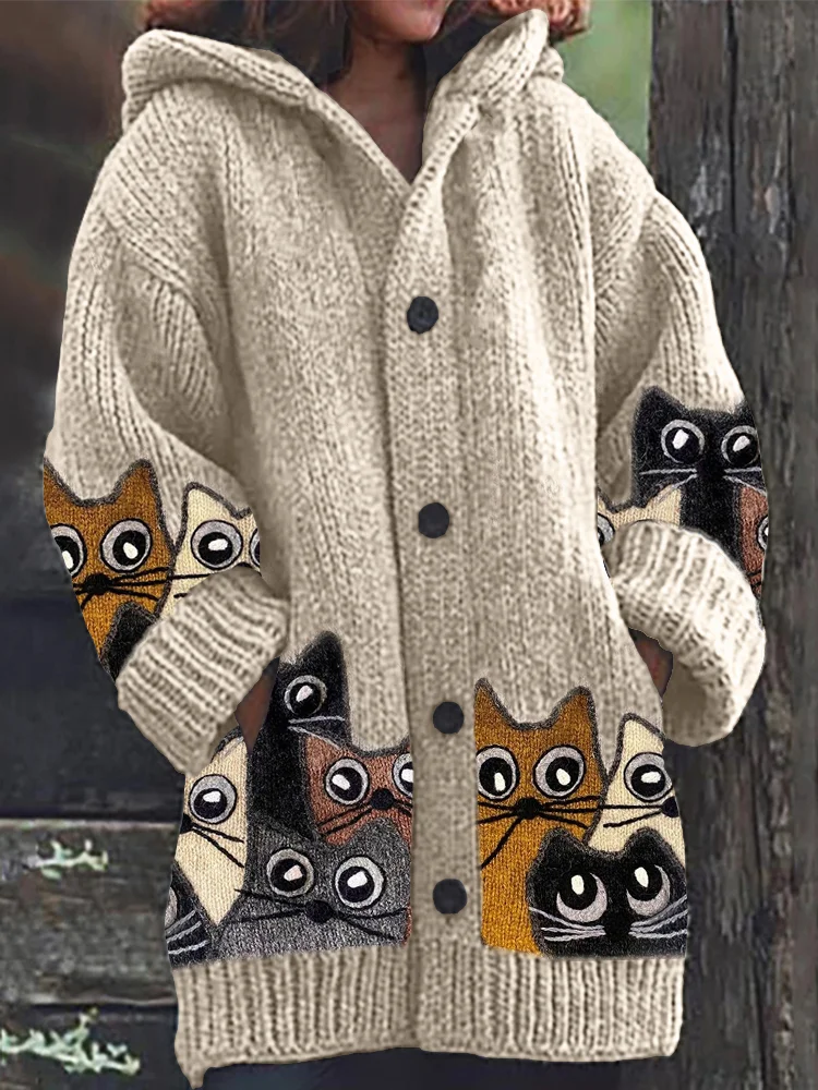 Colorful Crowded Cats Knit Cozy Hooded Cardigan