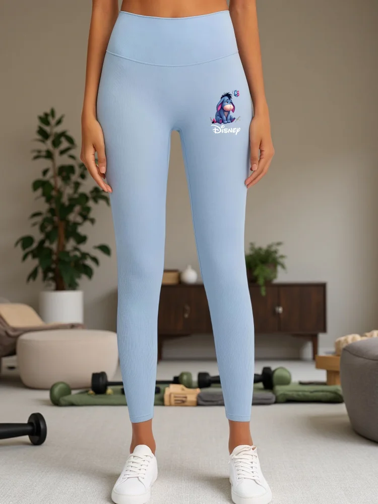 Disney Officially Eeyore & Butterfly Design Women's High-Waisted Yoga Pants - 4-Way Stretch Workout Leggings With Abdominal Support, Geometric Pattern, Machine Washable For Spring/Summer/Fall, Yoga Leggings, Casual Activewear, Whimsical Graphic Leggings