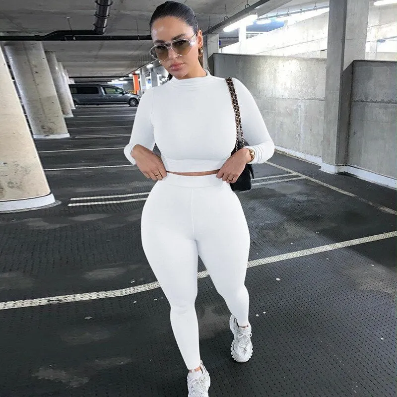 HAWTHAW women spring autumn long sleeve soild colorcrop tops long pant tracksuit two piece clothes suit outfits matching sets