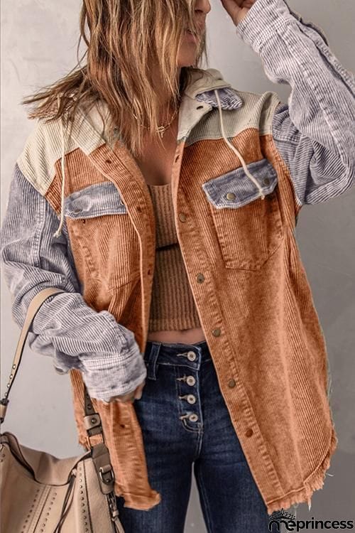 Colorblock Button Corduroy Hooded Jacket