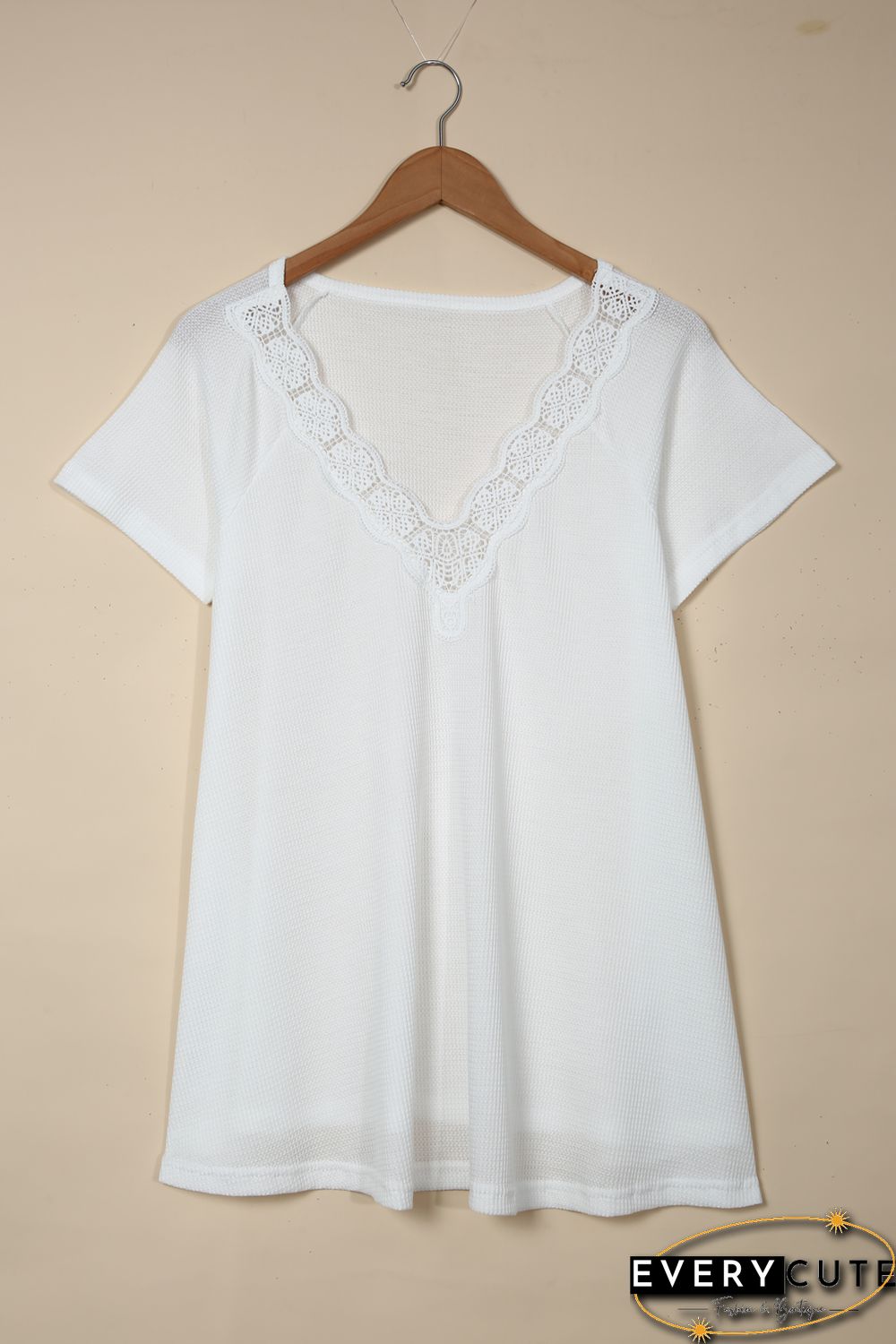 White Lace Crochet Waffle Knit Ruffled V Neck Top