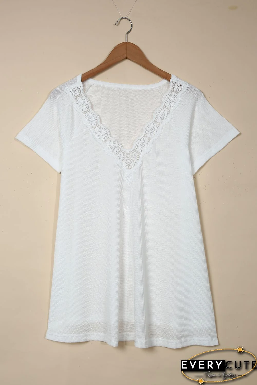 White Lace Crochet Waffle Knit Ruffled V Neck Top