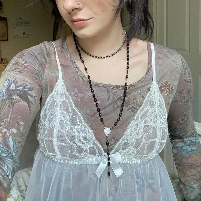 Rapcopter y2k Lace Crop Top Frill Bow Sweet Cute Mini Vest V Neck Spaghetti Strap See Through Camis Sweats Women Retro Aesthetic