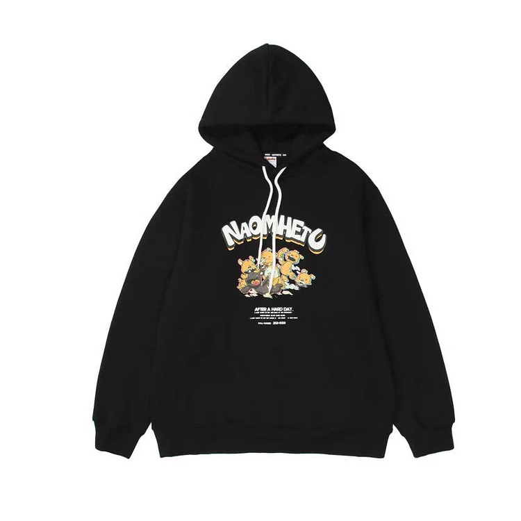 Man Fall Winter Outfis Winter Cartoon Print Velvet Padded Hooded Sweatshirt Loose All-Matching Top