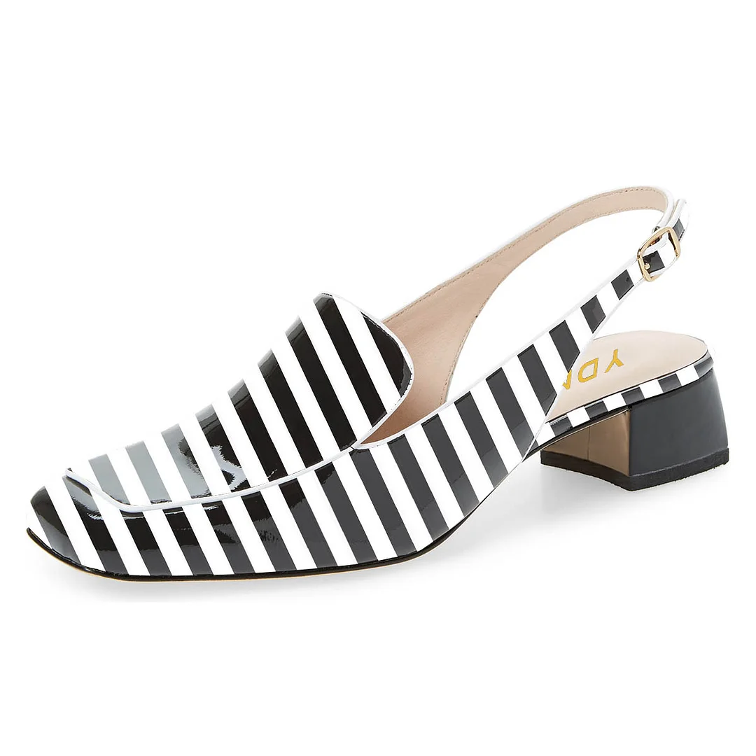 Black & White Stripes Chunky Heel Slingback Loafer Shoes Women
