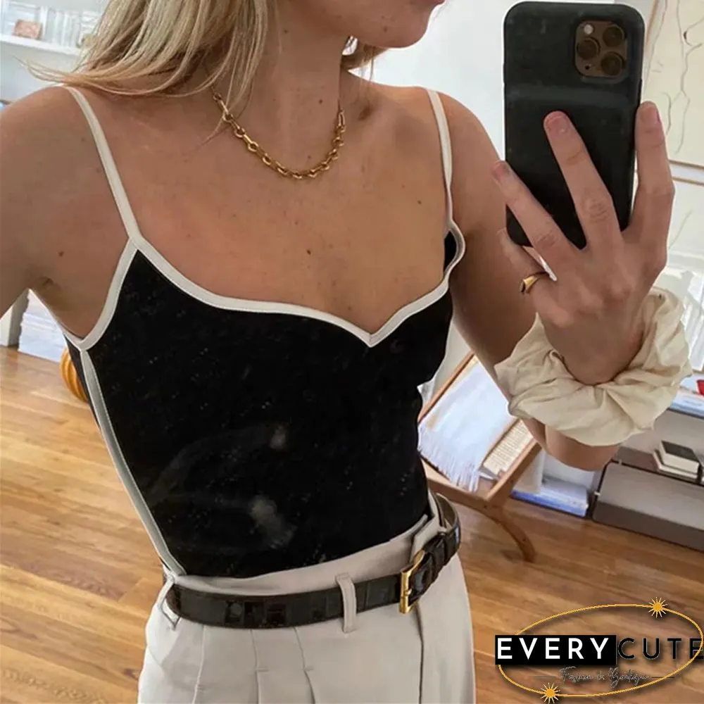Black Crop Top-Summer Sexy Tops for Women-Spaghetti Strap Casual Necklace Camis Knit