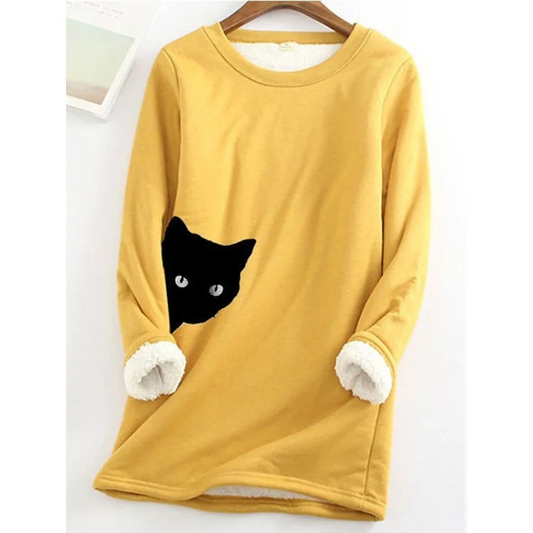 Casual Crew Neck Fluff/Granular fleece fabric Loose H-line Cat Sweatshirt Tops