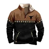 💥 2025 Hot Sale!Men's Western Fleece Jacket Cowboy Bull Head Print Pullover 1/4 Zip Stand Collar LongSleeve Sweatshirts