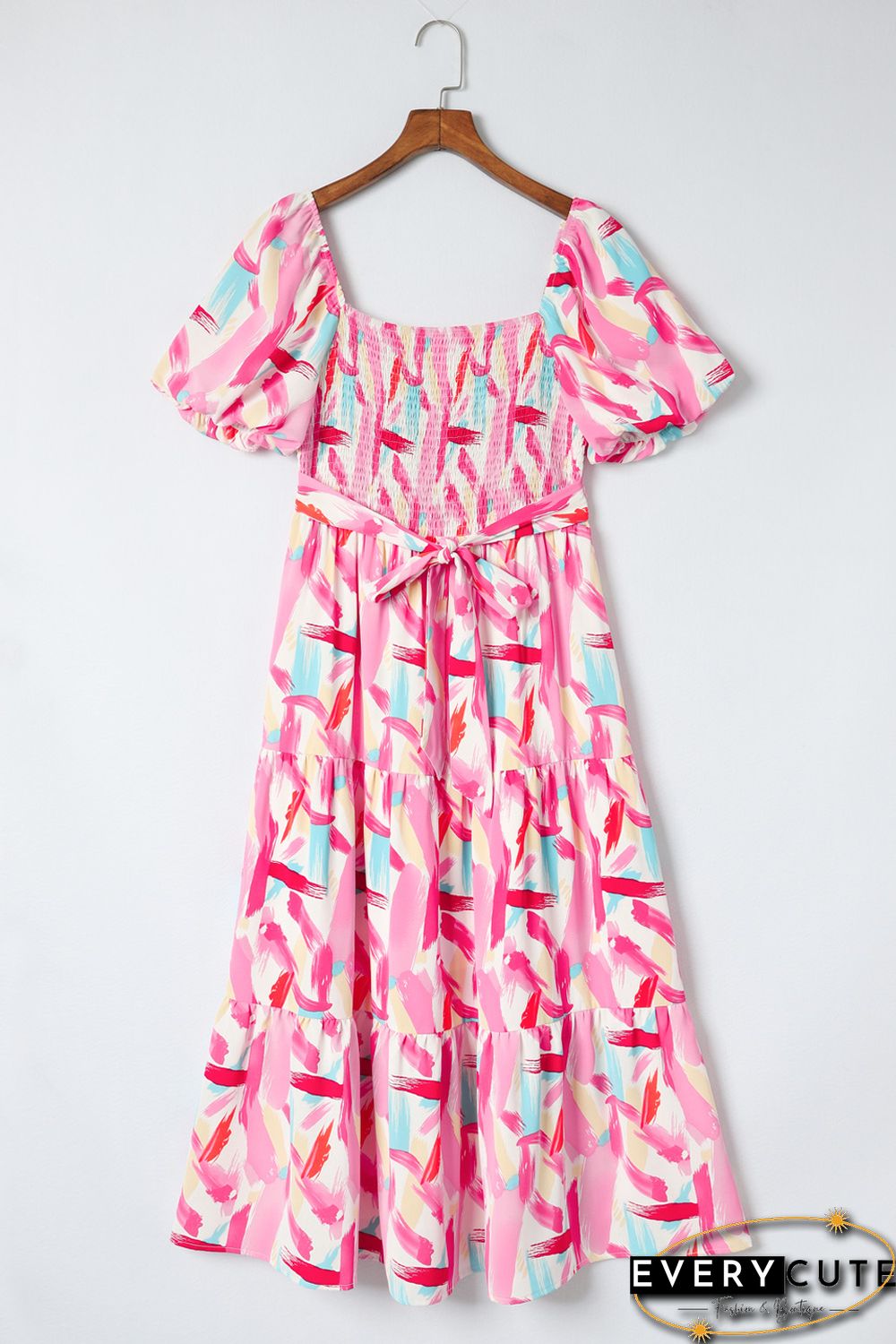 Pink Brush Stroke Printed Smocked Ruffle Tiered Dress