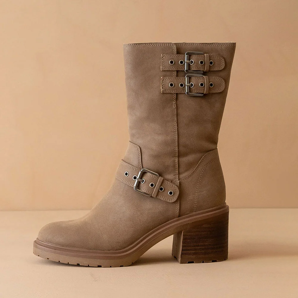 Brown Round Toe Stylish Motorcycle Heel Boots for Women with Buckle