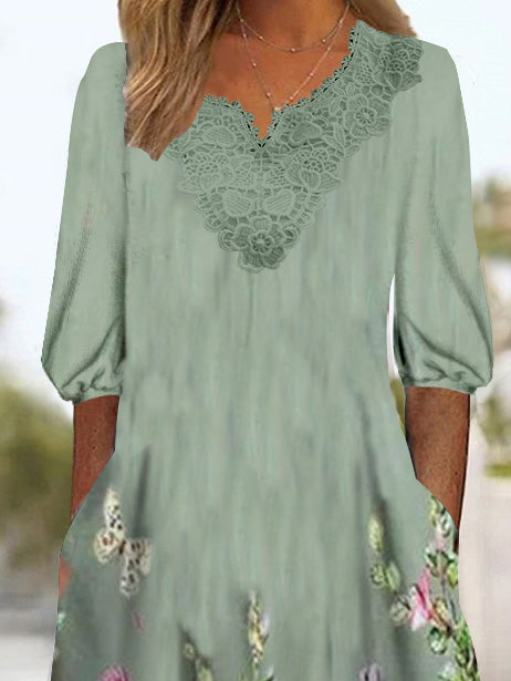 Women's 3/4 Sleeve V-neck Floral Printed Lace Stitching Midi Dress
