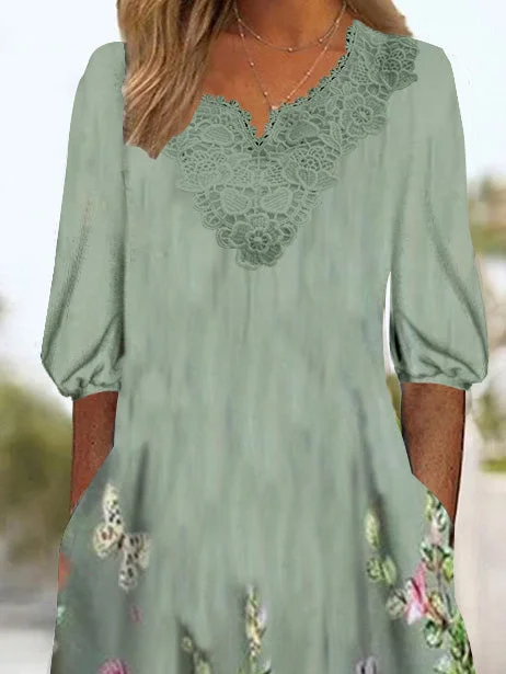 Women's 3/4 Sleeve V-neck Floral Printed Lace Stitching Midi Dress