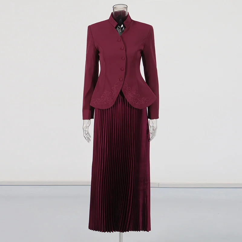 Zingj Temperament Elegant Style Suit 2025 New Collar Embroidered High-Rise High-Rise 100-Folded Skirt Two-Set
