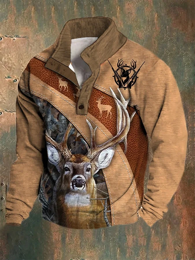 Men's Western Deer Hunting Print Stand Collar Button-Down Sweatshirt in Plush Fabric