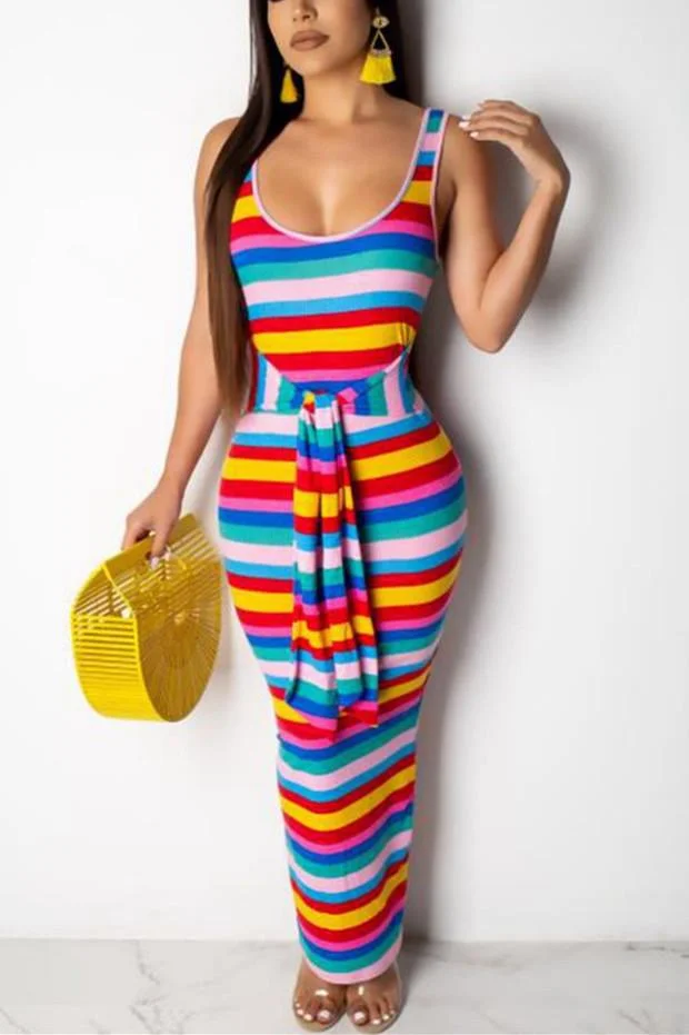 Sexy Striped Printing Rainbow Vest Dress