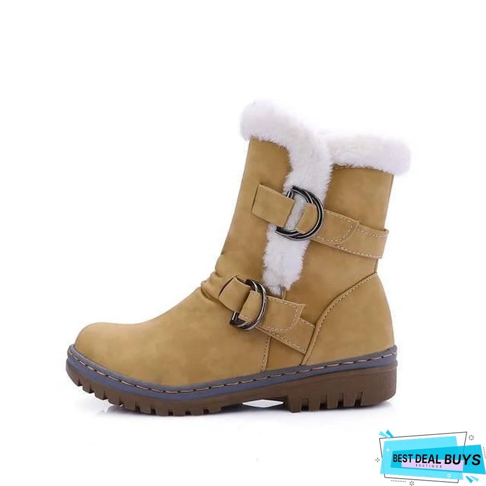Women Leather Warm mid-calf Plush Fur Velvet Boots Booties Snow Shoes