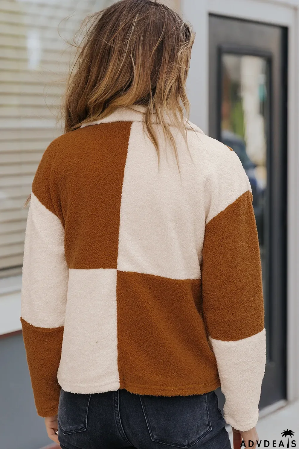 Colorblock Checkered Sherpa Jacket