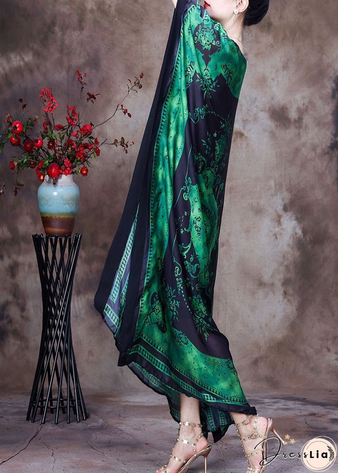 Loose Green O-Neck Asymmetrical Design Print Silk Beach Dress Gown Batwing Sleeve