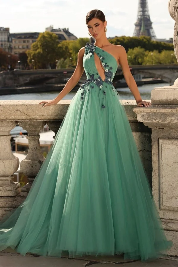 Lisliy One Shoulder Green Prom Dress A Line V Neck Pleated 