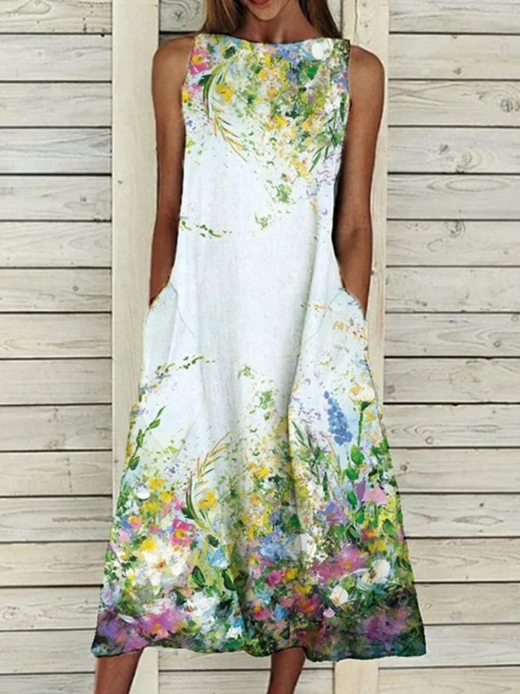 Floral Print Sleeveless Midi Dress P11932