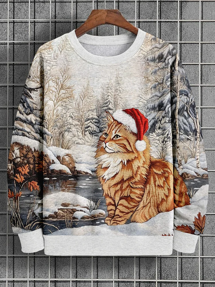 Men's Christmas Cat Winter Forest River Scenery Art Print Casual Sweatshirt