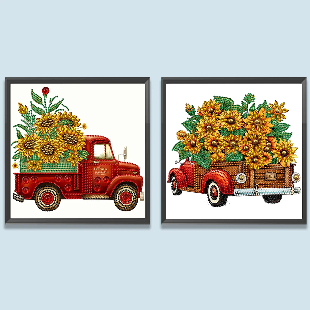 2pcs Special Shape Diamond Painting 30*30cm - Summer Sunflower Classic Car